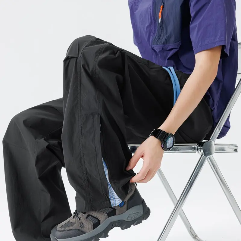 Blue Color Matching Couple Outdoor Quick-drying Sweatpants Plaid Contrasting Color Trousers Split Ends Casual Long