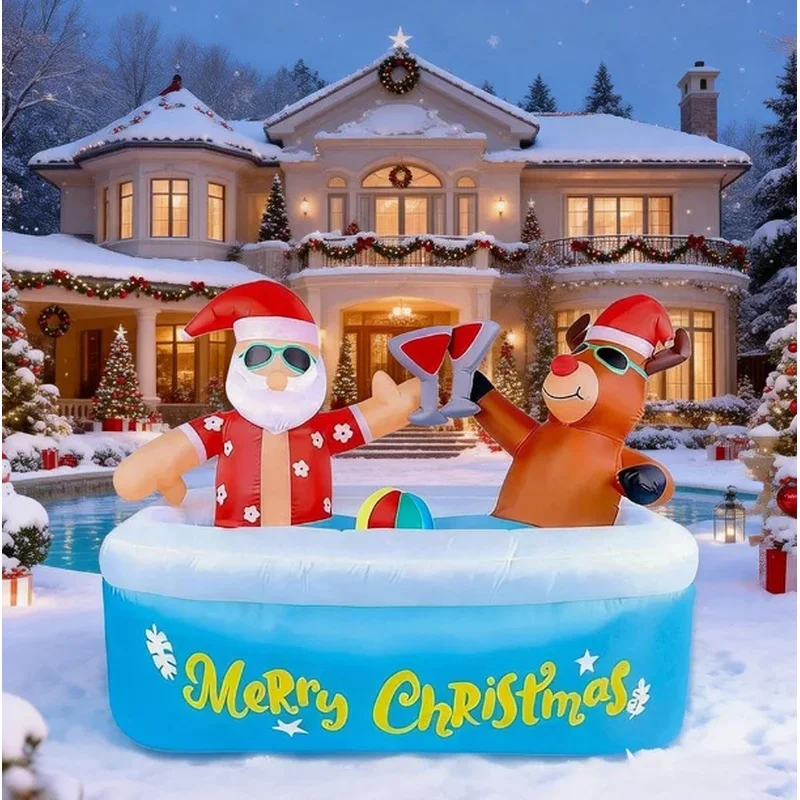 7FT Inflatable Santa Claus and Reindeer for Pool with LED Light Party Outdoor Yard Decoration Christmas Holiday Display Ornament