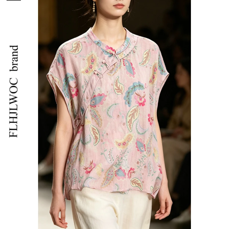 

Loose Cotton Linen Tops Blouse 2026 Summer Casual Cute Girls Chinese Style Flower Printing Retro Vintage Stand Collar Shirts