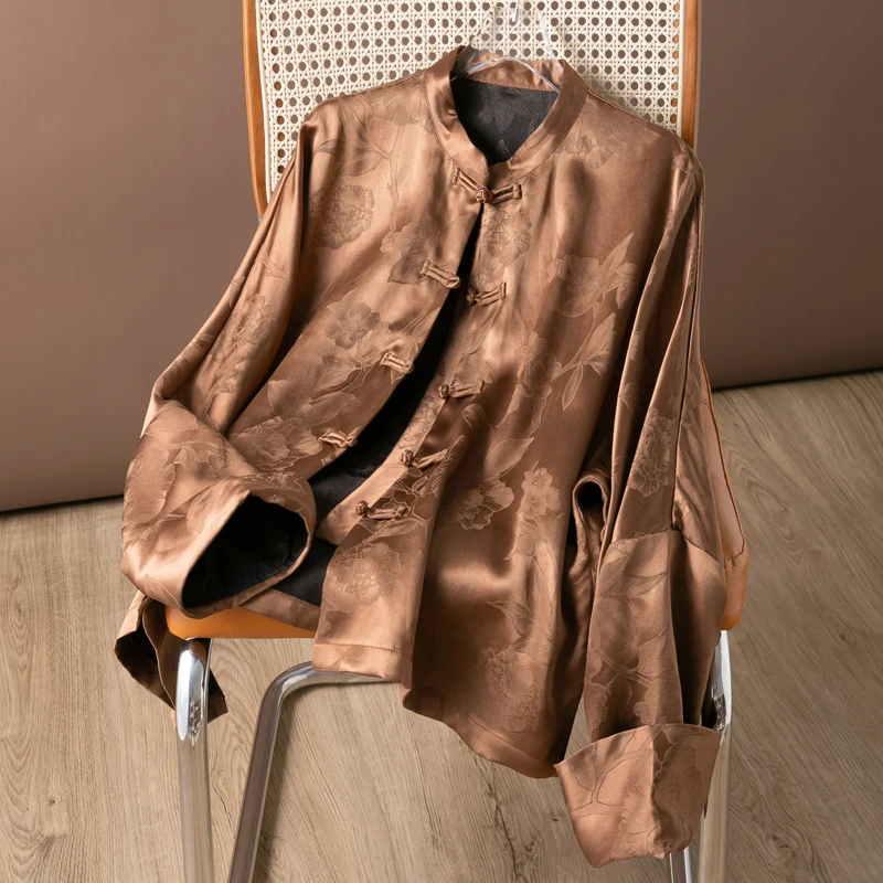 Women's Autumn Fashion New 45MM 100% Natural Mulberry Silk Fragrance Cloud Yarn Stand Collar Long Sleeve New Chinese Style Shirt