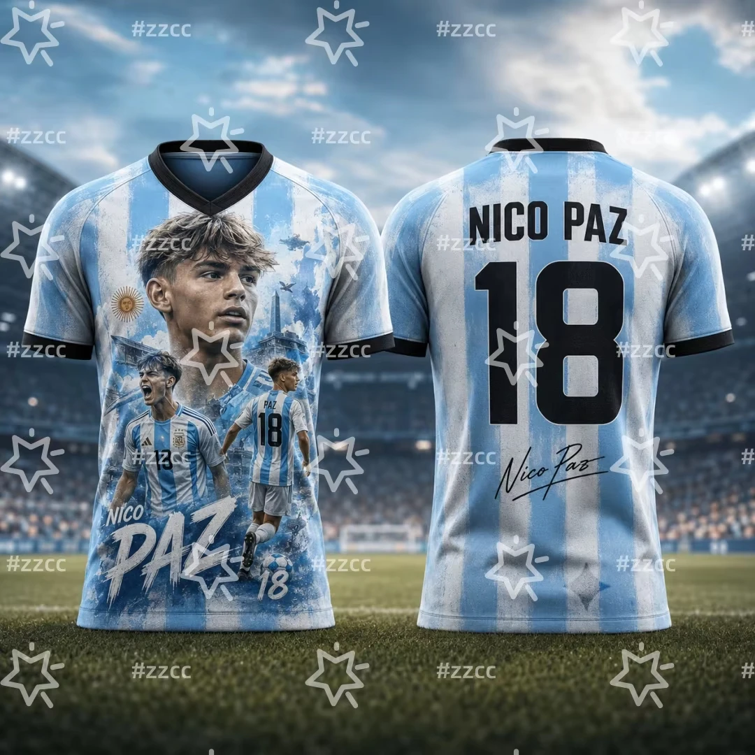 2026 Nico Paz Football Jersey Argentina Match & Training Kit Summer Sports Leisure Men's T-Shirt Kid's Clothing Tee Y2k Woman ﻿
