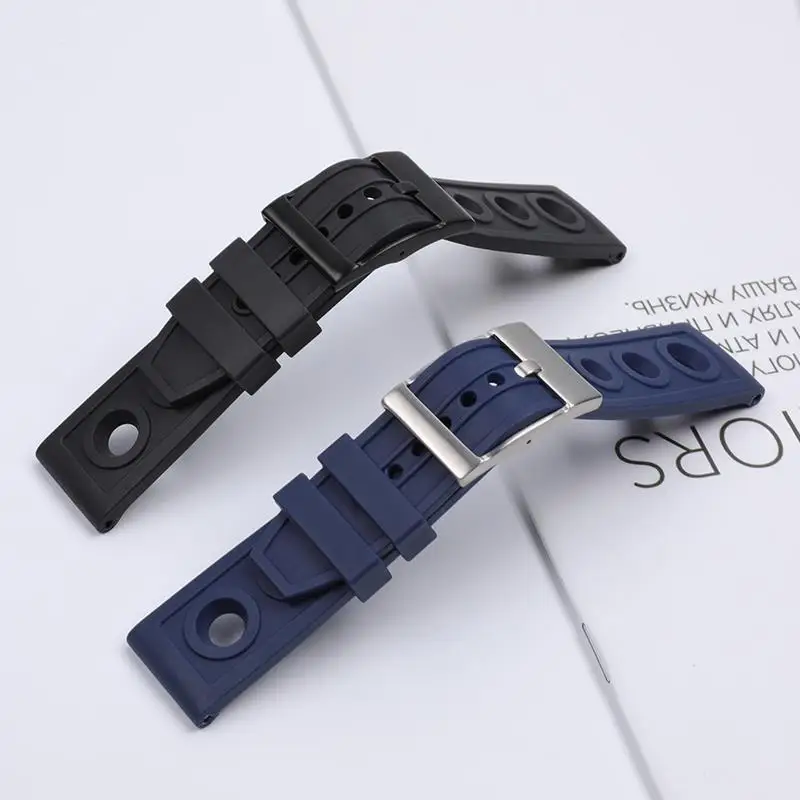 TINTAG 22mm 24mm Black Blue Red Soft Silicone Rubber Watch Band Pin Buckle Belt Watchband Accessories Tools For Breitling