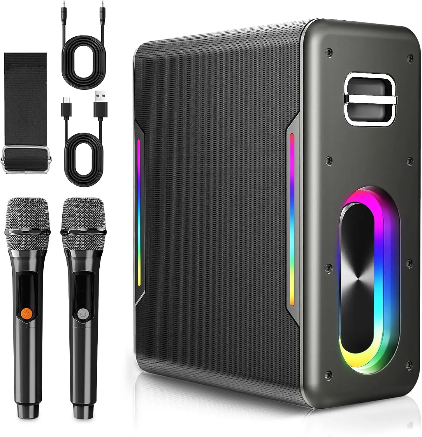 

Karaoke Machine with 2 Wireless Mics, 60W Portable Bluetooth Speaker, DSP Chip, LED Lights, TWS, TF/USB/AUX