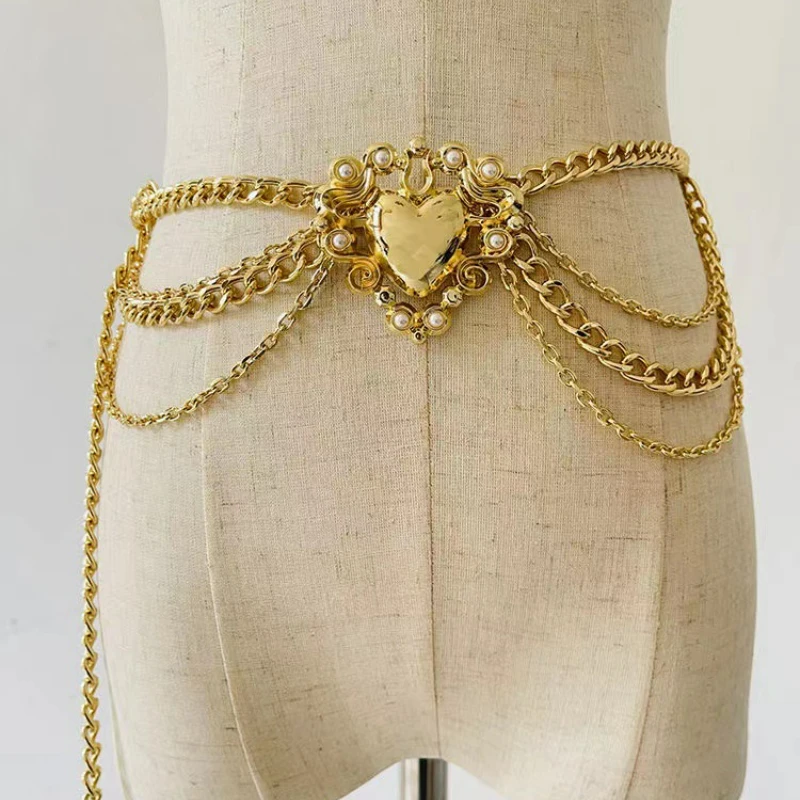 Fashion small fragrance multi-layer golden heart-shaped waist chain Celebrity style creative fringe belt chain dress accessories
