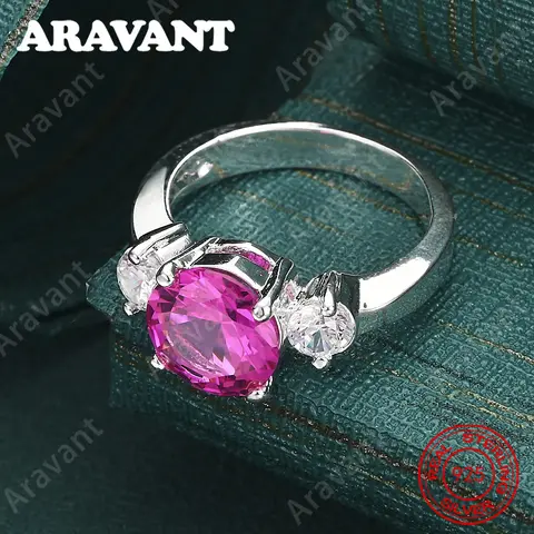 925 Sterling Silver Pink Round Zirconia Ring - Exquisite And Cute Wedding Party Jewelry For Women