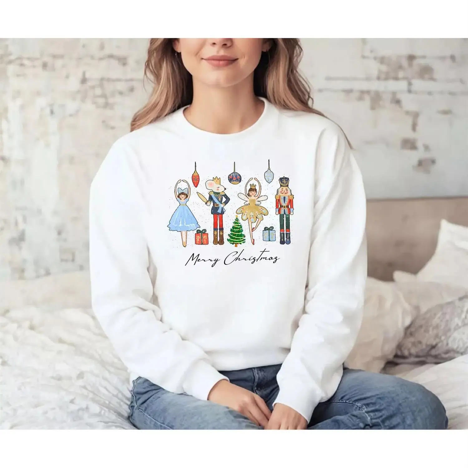 Europese en Amerikaanse kersttop voor dames met ronde hals, kerstserie, walnoot clippatroon, bedrukt, puur katoen met lange mouwen