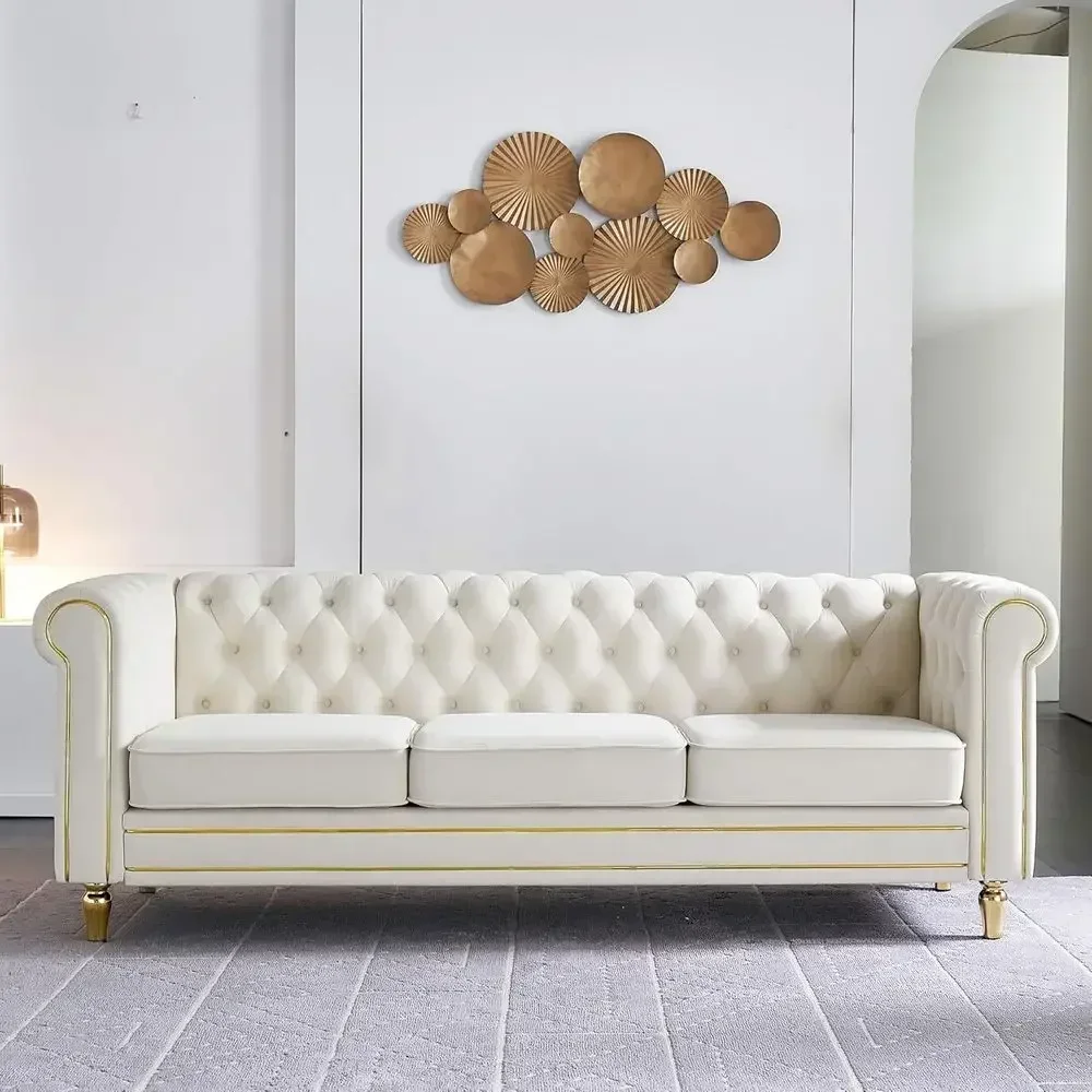 3 Seater Velvet Button-Tufted Sofa with Rolled Arms and Gold Legs for Living Room, Home Studio, or Bedroom in Beige