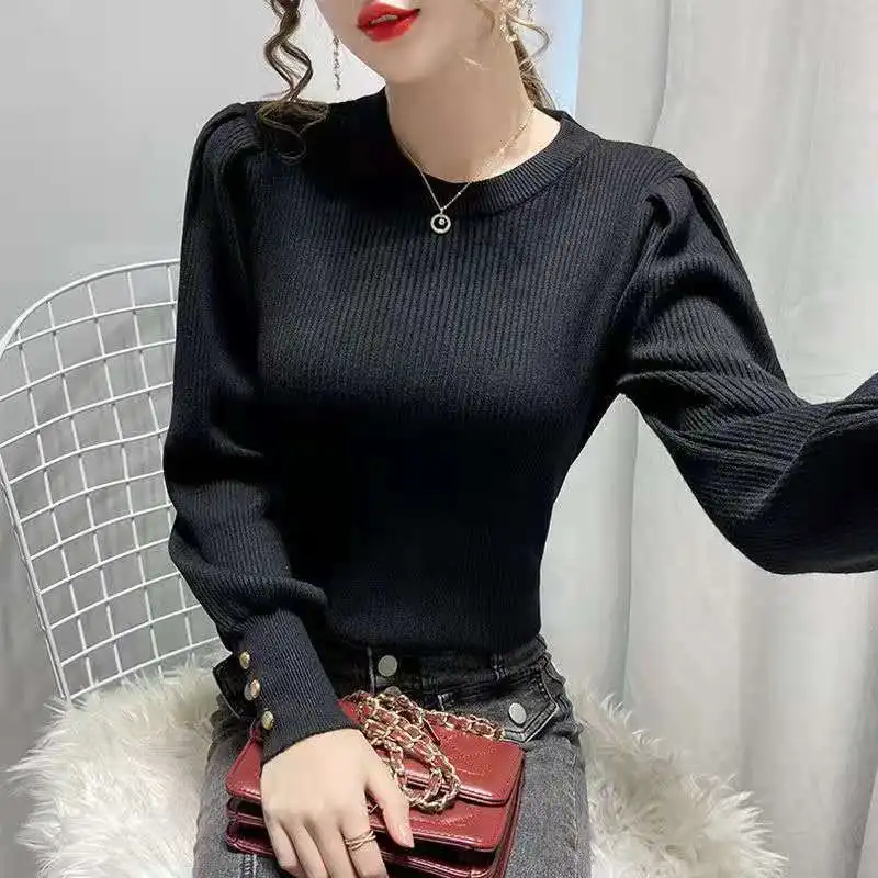 Elegant O-Neck Knitted Button Puff Sleeve Sweaters Women Clothing 2023 Autumn Winter Loose Korean Pullovers Commute Tops