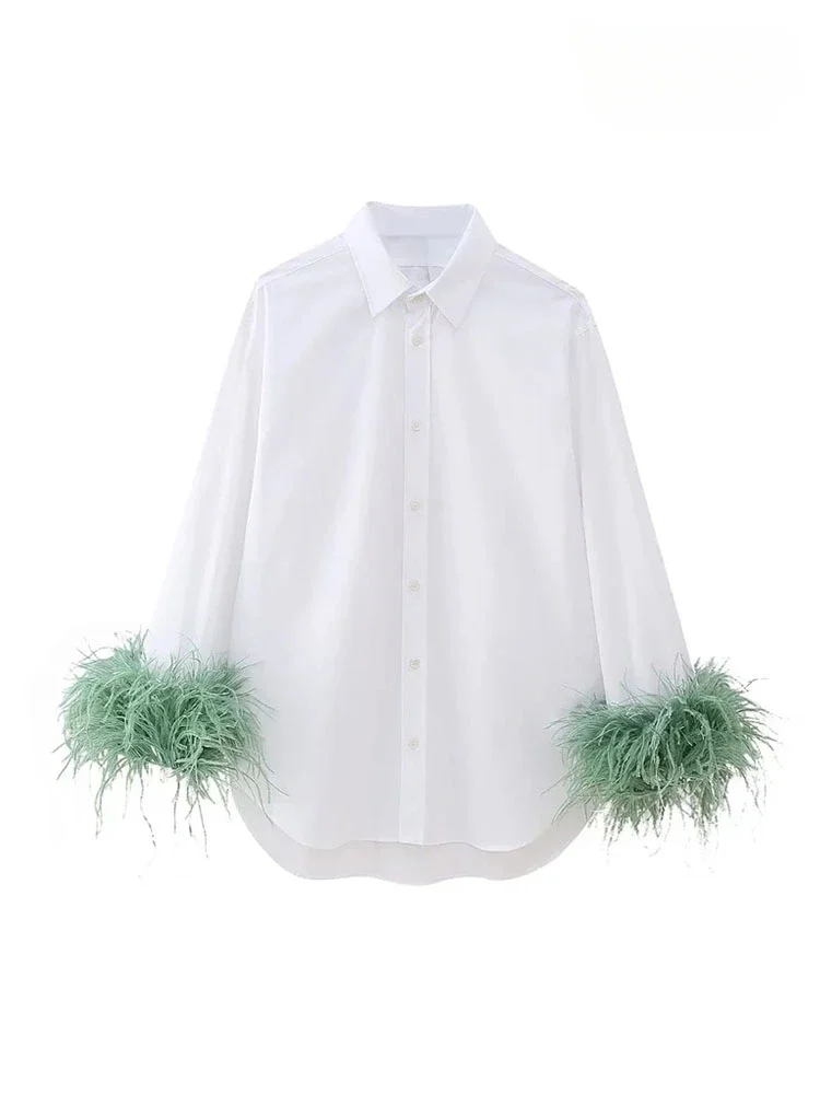 TRAF Women Fashion With Feathers Poplin Shirts Vintage Long Sleeve Button-up Female Blouses Blusas Chic Tops casual clothes