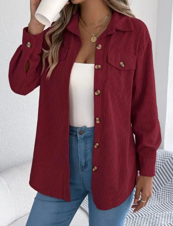 

Autumn 2025 New Style Fake Pocket Long Sleeved Corduroy Jacket for Women, Solid Color Lapel, Simple Casual Loose Corduroy Jacket