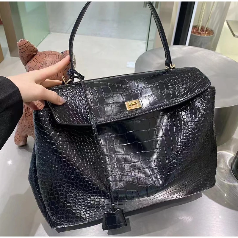 New Crocodile Soft Leather Women Tote Bag Luxury Designer High Quality Large Capacity Gold Button Fashion Business Shoulder Bag