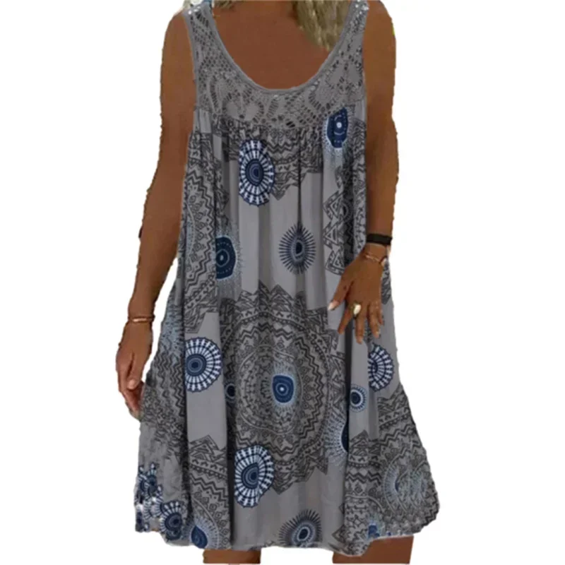 Summer Bohemian Style Prints Dresses Pleated Hem Dress Women New O Neck Lace Splice Gown Holiday Comfortable Casual Female Frock