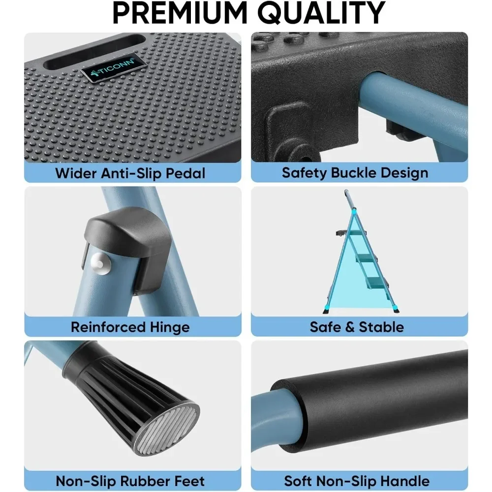 3 Step Ladder, Heavy Duty Foldable Step Stool, Portable Steel Folding Stool for Household Garage Storage (Blue)