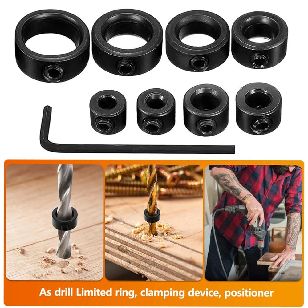 9/18 PCS Depth Stop Drill Bit Collar Set Positioner Ring and Hex Wrench Tighten The Stopper Set Screws Woodworking Tool