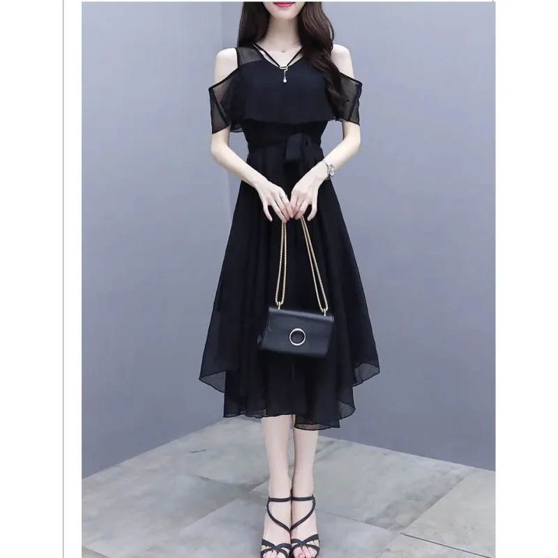 Summer Women's Chiffon Sexy Slim Black Midi Dress Lady Graceful Off-Shoulder Short Sleeve Dresses 2025 Fashion Clothing Female