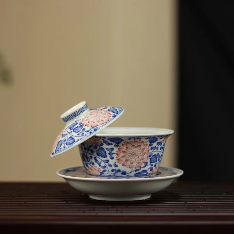 Real Chinese Retro Jingdezhen Gaiwan Hover Interlock Branch Lotus Ceramic Household Antique Hand-Held Bowl with Lid