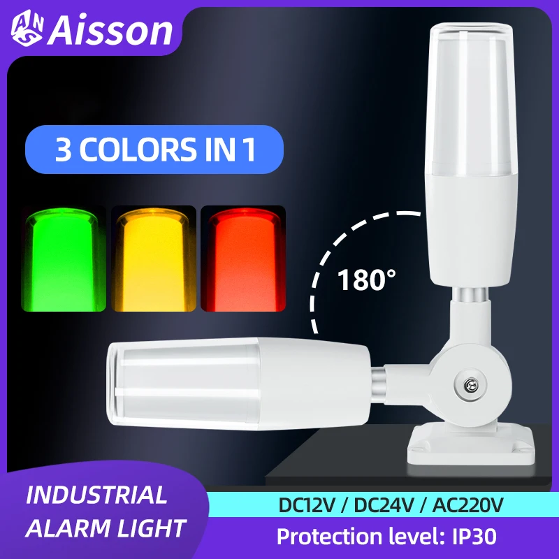 3-Color Integrated Industrial LED Signal Light Warning Lamp Steady with Buzzer Alarm for CNC Machines DC12V/24V/AC220V