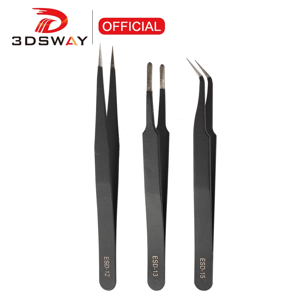 3DSWAY 3D Printer Antistatic Tweezers Tool Set High Tip Curved Straight Stainless Steel Multifunction Nipper Repair Tool Kit