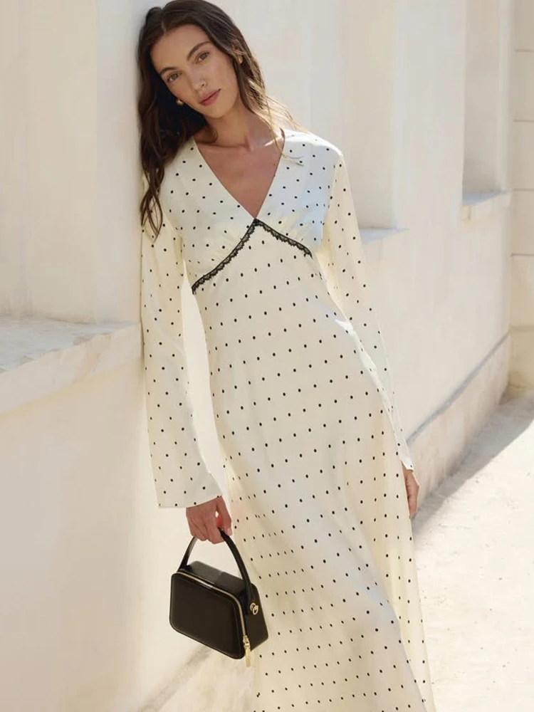 Oniflyme Abito lungo da donna in raso con scollo a V sexy con stampa a pois Abito lungo da donna con patchwork bianco a maniche lunghe in pizzo sottile ed elegante