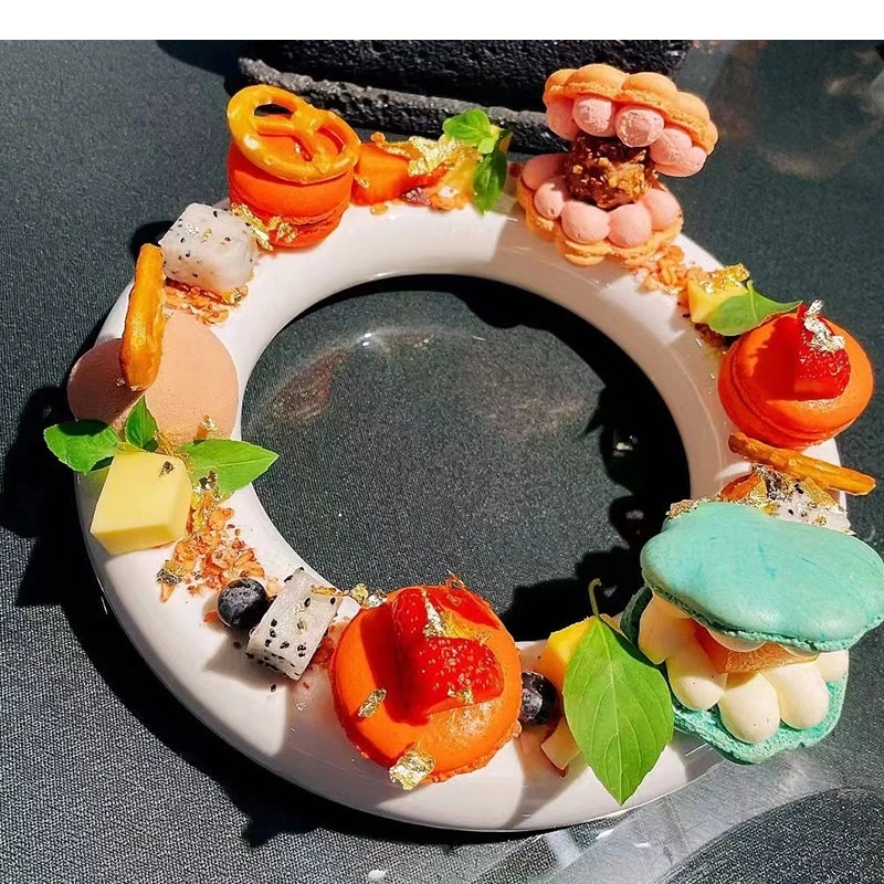 White Ring Ceramic Plate Hotel Restaurant Sashimi Sushi Food Decoration Tableware European Afternoon Tea Dessert