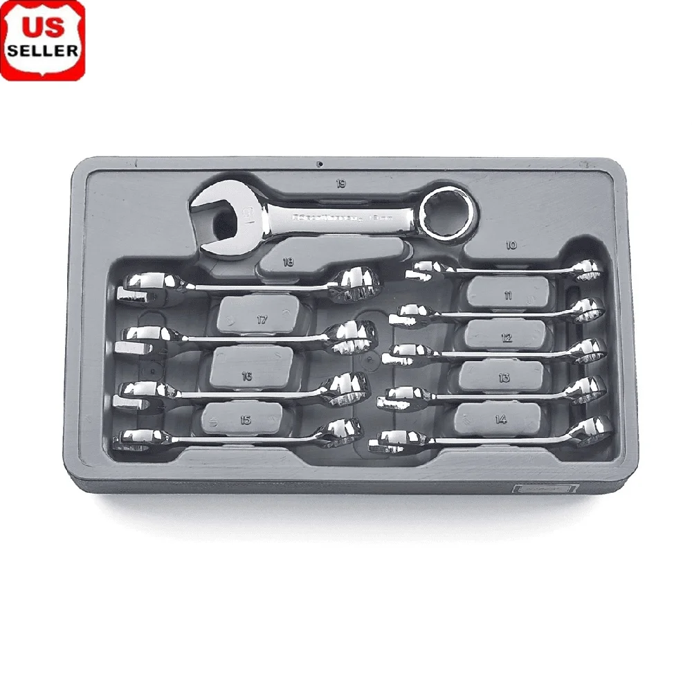 

10 Piece Stubby Wrench Set 10-19MM Compact Design Surface Drive Plus Technology Offset Box End Blow Mold Tray Included