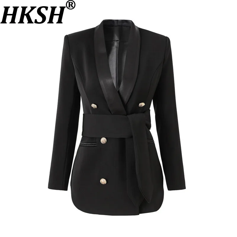 

HKSH Spring Autumn New Women's Blazer Turn-down Collar Double Breasted Belt Slim Fit Elegant Fashion Office Lady Jackets HK14493