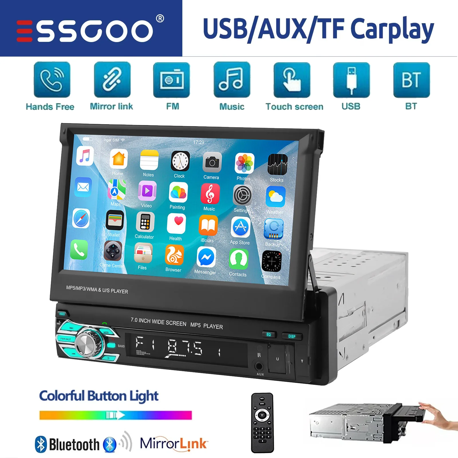 ESSGOO 7-Zoll Single 1 DIN Ausklappbarer Touchscreen Autoradio Bluetooth Freisprecheinrichtung FM USB AUX-IN TF SWC Mirror Link WinCE