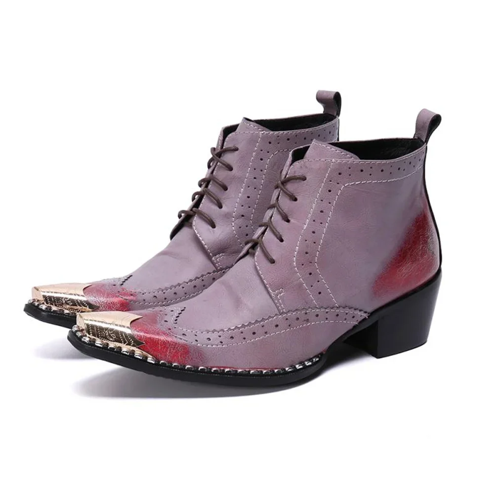 Purple With Metal Lace Up Bordered Genuine Leather High Heels Pointed Toe Boots Male Plus Size Fashion Party Business Dress Shoe