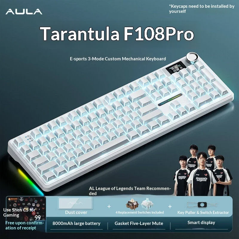 AULA F108 Pro Mechanical Keyboard Three Mode Wireless Bluetooth Rgb Side Print Gradient Custom Gasket Gaming Office