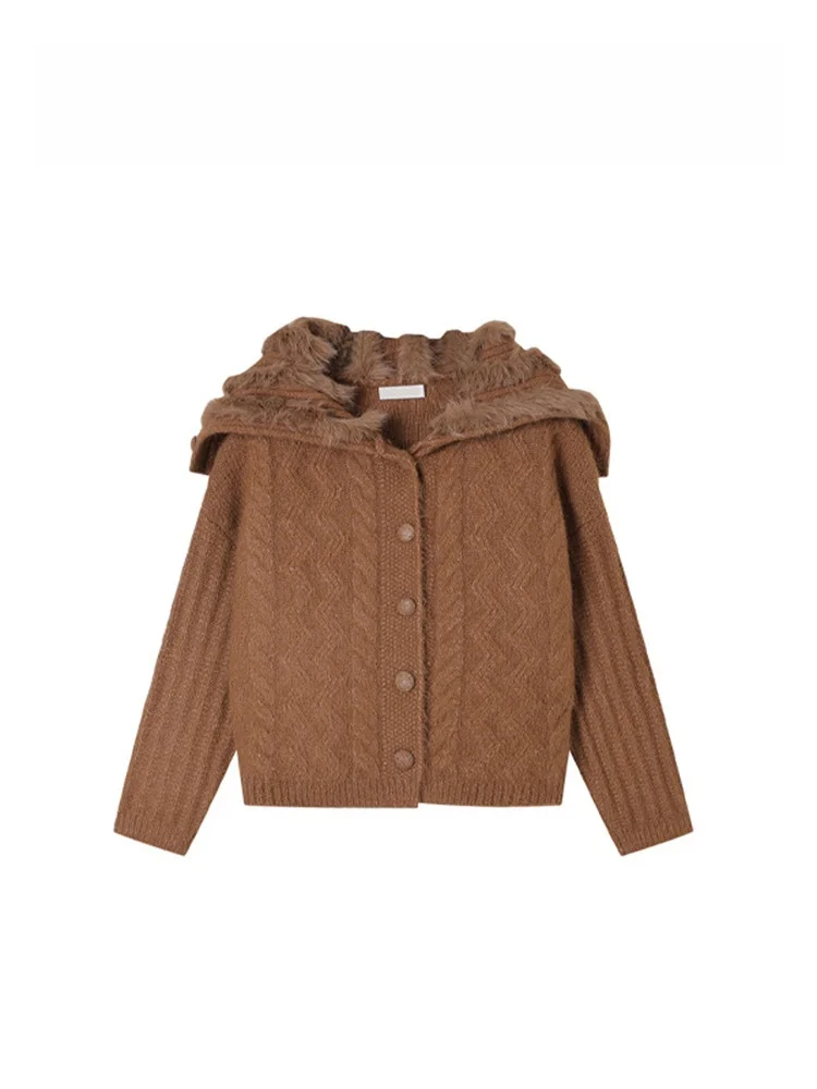 

Korean Faion Knitted Open Cardigan Loose Winter Sweater with Fur Collar Medium Softn Long Sve Moisture ng