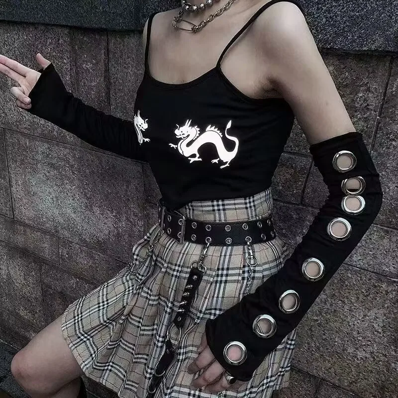 Harajuku غطاء للذراع أسود الشرير Outsleeve المعادن العيينة غطاء للذراع القوطية الجوف خارج أكمام أذرع تبريد للحفلات ارتداء اليومي موضة