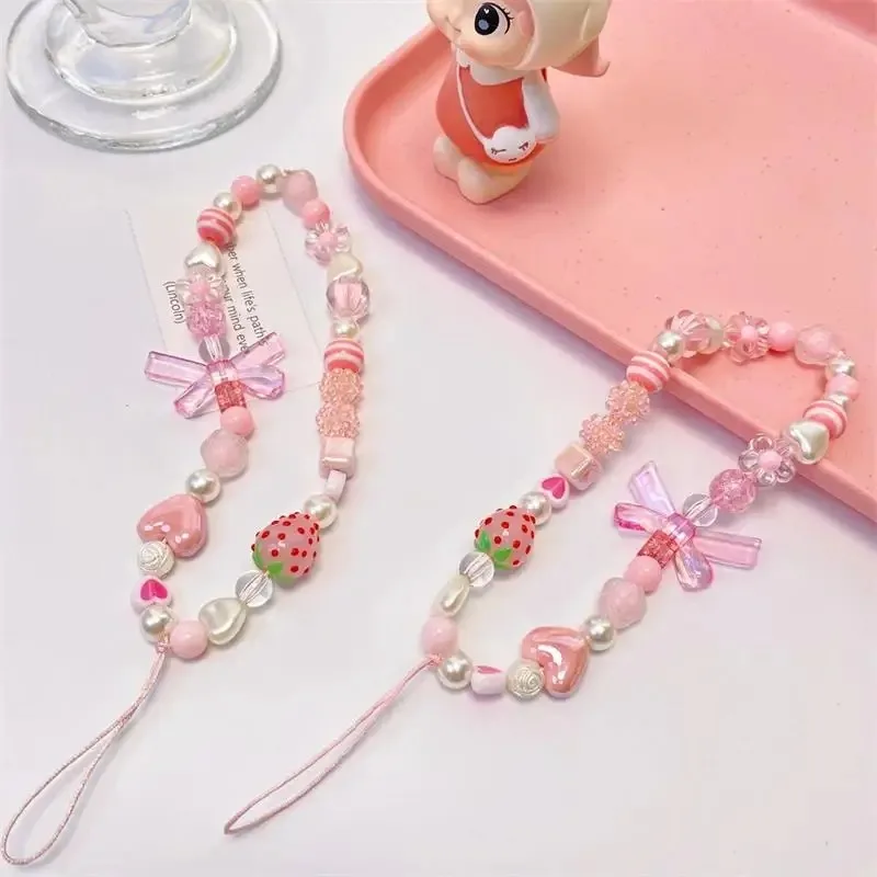

Sweet and Cute Pink Strawberry Mobile Strap Phone Chains For Women Pearl Chain Phone Pendant Charm Key Anti-Lost Lanyard Jewelry