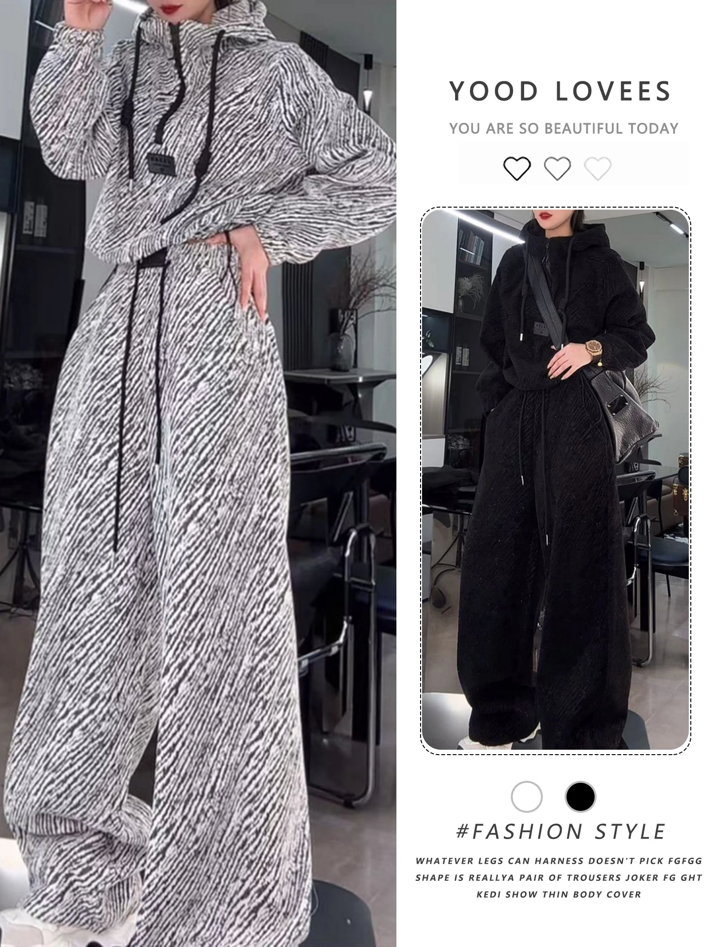 

Korean Retro Striped Hoodie Women's High Waist Wide Leg Pants Two Piece Set Casual Fashion Outfit Long Sleeve Zipper Closure