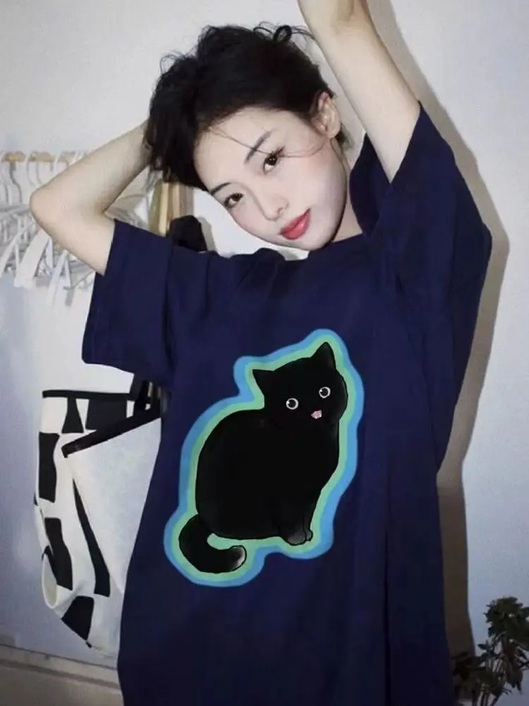 

Cute Glowing Black Cat Printed T-shirt for Man and Women Pure Cotton Summer Fashion Trend Casual Comfy Couple Short Sleeve Top