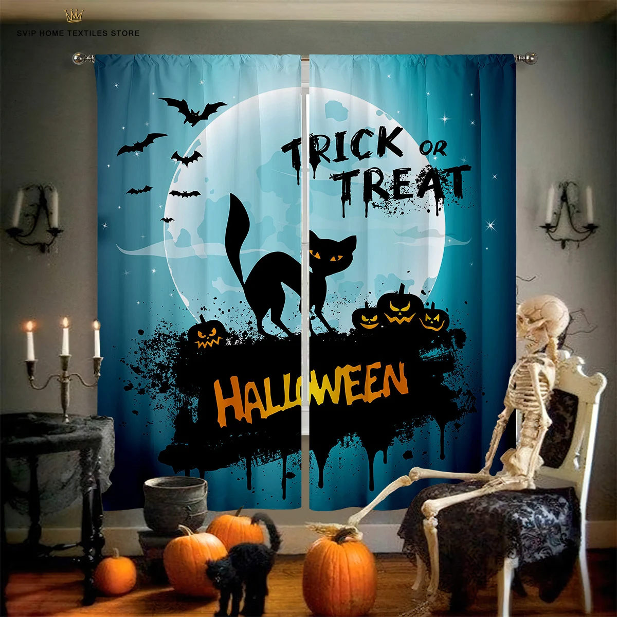 

Blackout Insulation Curtains, Cartoon Print, Halloween, Pumpkin, Castle, Bedroom, Restaurant, Holiday Party, Decorative Curtain