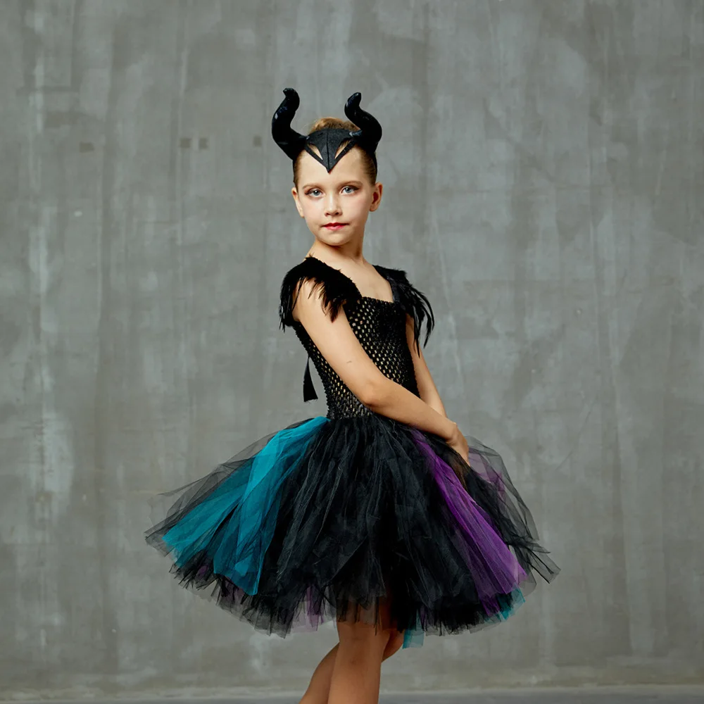 Halloween Girls Black Feather Witch Tutu Dress Set With Headband Tulle Stage Show Outfit Children Evening Gathering Formal Wear