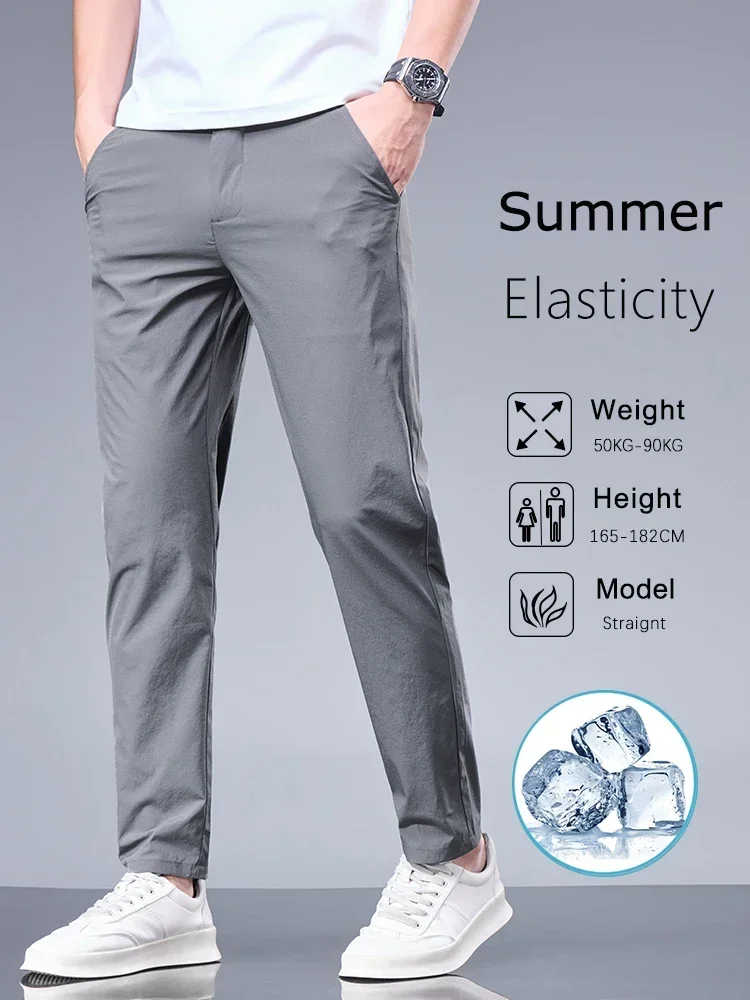 

Summer New Business Ice Silk Pants Straight Elastic Waist Black Gray Trousers Breathable Simple Male Clothing Casual Suit Pants