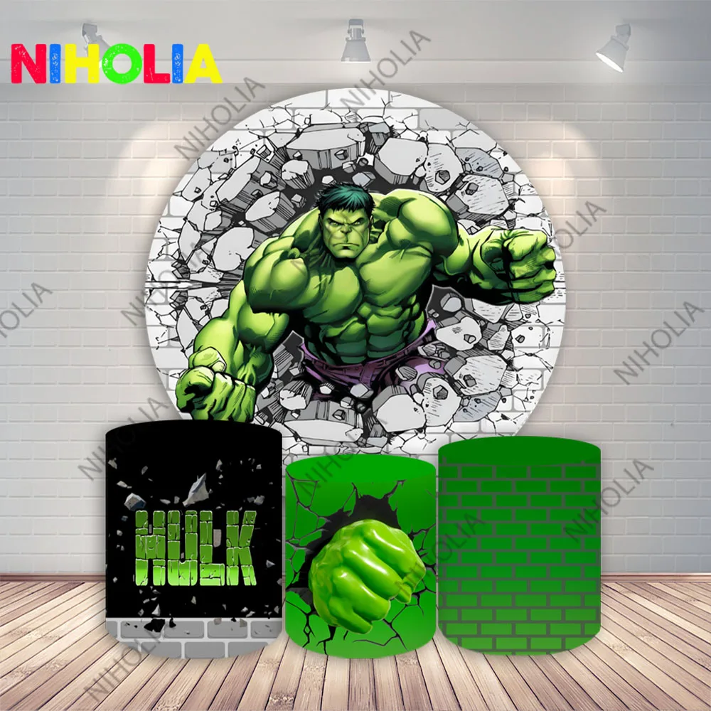 

Green Hulk Round Photo Backdrop Boys Birthday Party Superhero Decoration Baby Shower Cartoon Cylinder Covers Photo Props