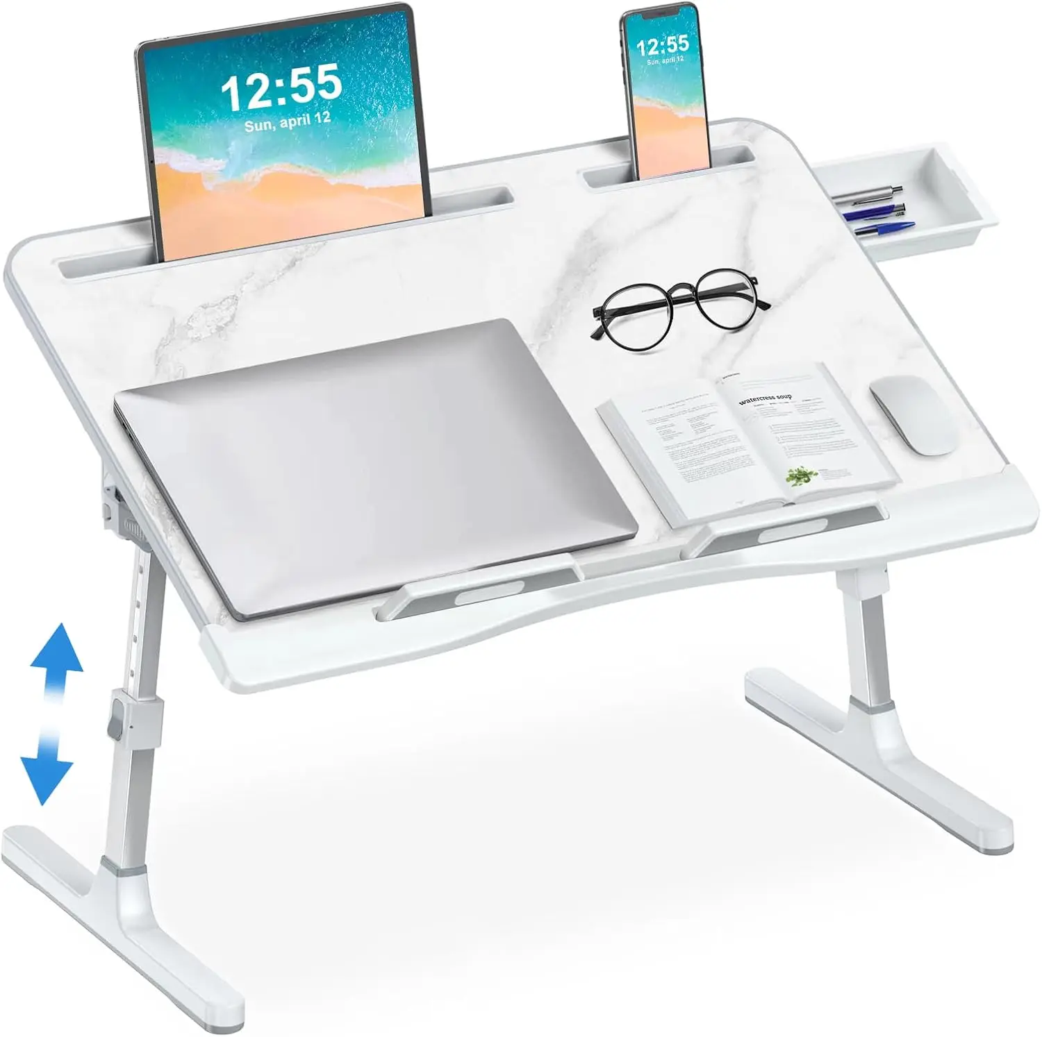 

Bed Desk for Laptop - Marble Pattern, Adjustable X-Large Foldable Lap Desk, Laptop Lap Desk with 2 Movable Stoppers and Drawe