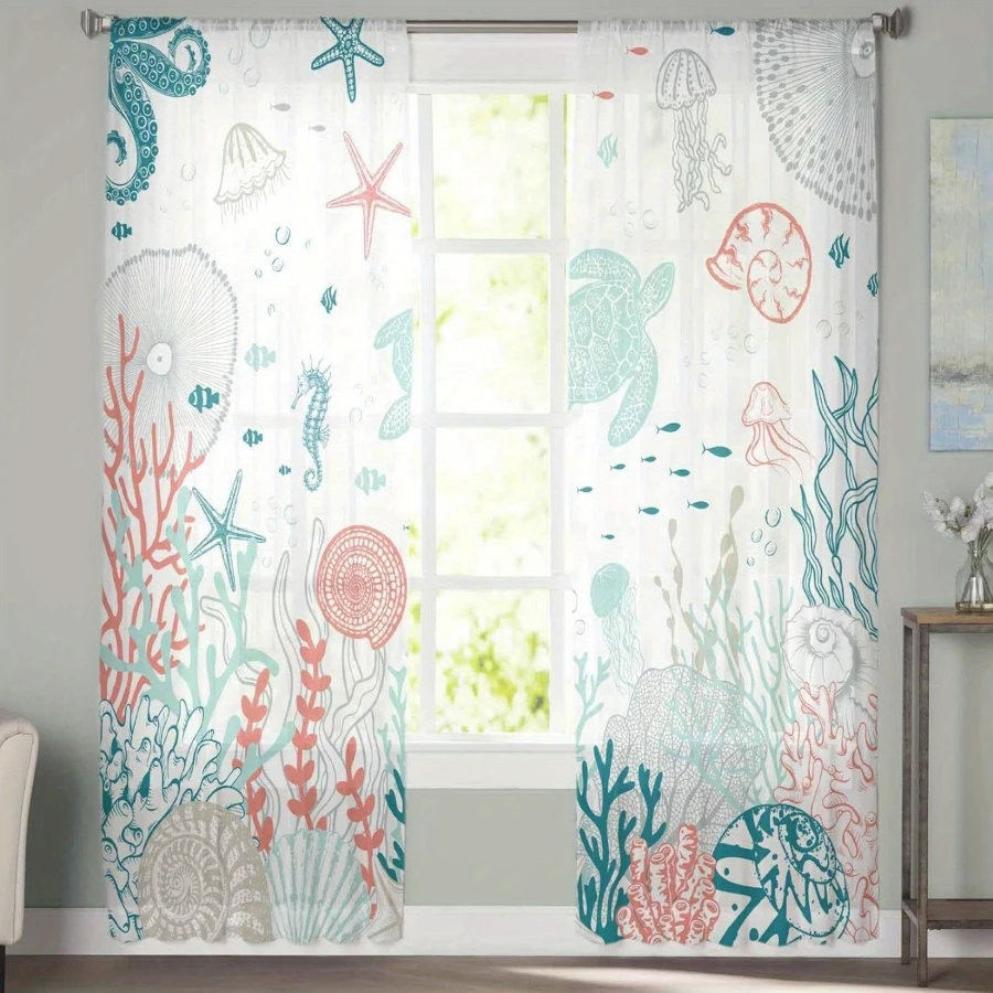 2PCS Digital Printed Sheer Curtain, Summer Ocean Sea Theme, Coastal Beach Nautical Vacation for Living Room Bedroom Home Decor - view 5