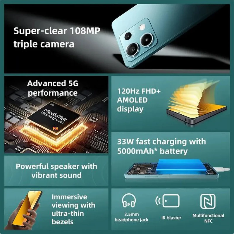 Xiaomi Redmi Note 13 5G Global Version 108MP Camera 6nm Dimensity 6080 Ładowanie 33W 120Hz AMOLED NFC
