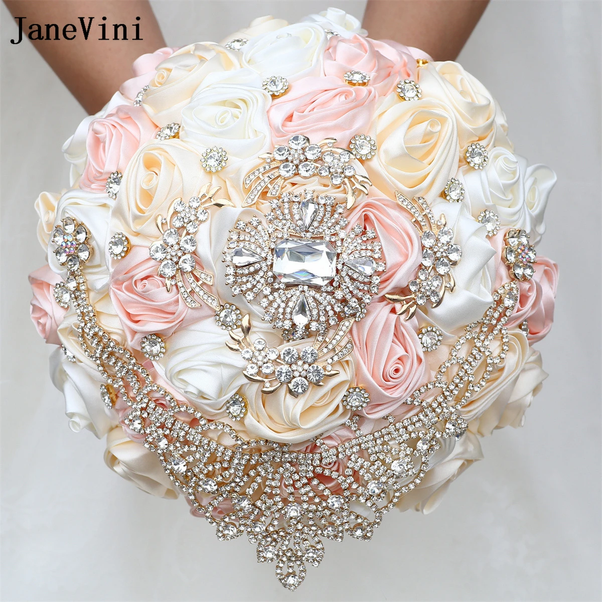 JaneVini-Bouquets de Bijoux de Luxe en Strass Dorés, Décoration de Mariage, Fleurs en Satin Rose Clair, Bouquet Romantique de Mariée