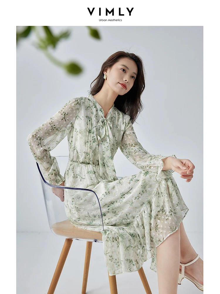 VIMLY The Lady's Elegant Chiffon Floral Dress Autumn New V-Neck With Lace-up Long Sleeve Casual Vintage Beach Sexy Sundress