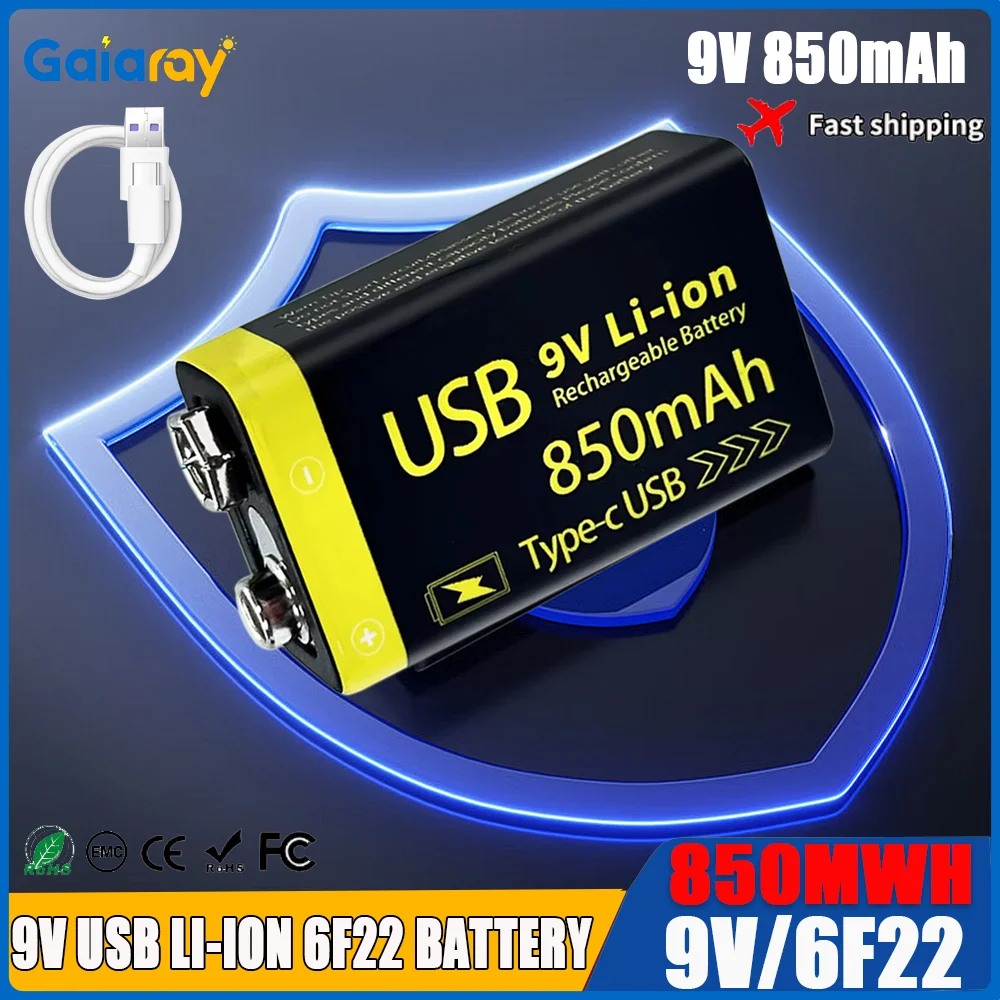 

1-20Pcs USB 9V Rechargeable Battery 850mAh Type-C Rechargeable 6F22 9V Li-ion Battery for RC Helicopeter Model Multimeter Toy