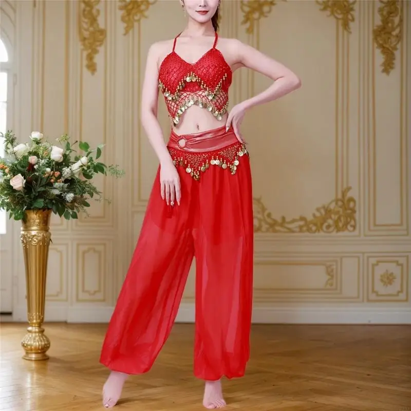 

72XE 2 шт., топы с монетами для танца живота, брюки-фонарики, брюки, наряды для танца живота, костюм для танца живота, комплект