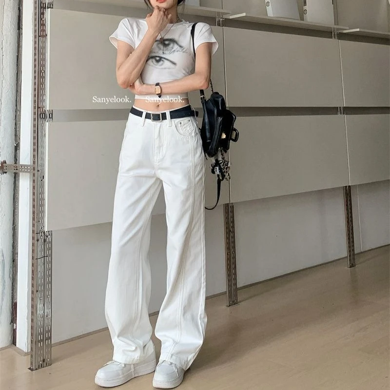 Modische Damen-Jeans mit weitem Bein, Sommer-Jeans mit lockerer Passform und stilvollen Details, lässt Sie herausstehen, hoch taillierte Jeans mit weitem Bein