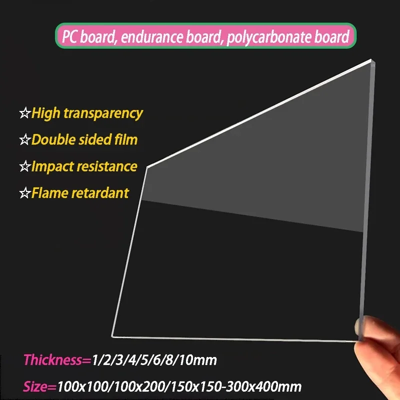 Transparent PC Plastic Sheet 1-10mm Thick Polycarbonate Endurance Board Wear Resistant Panel 100x100-300x400mm