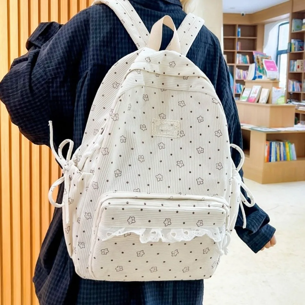 Corduroy Material Corduroy Backpack Polka Dot Print Lace Floral Print School Backpack Korean Style Aesthetic Design