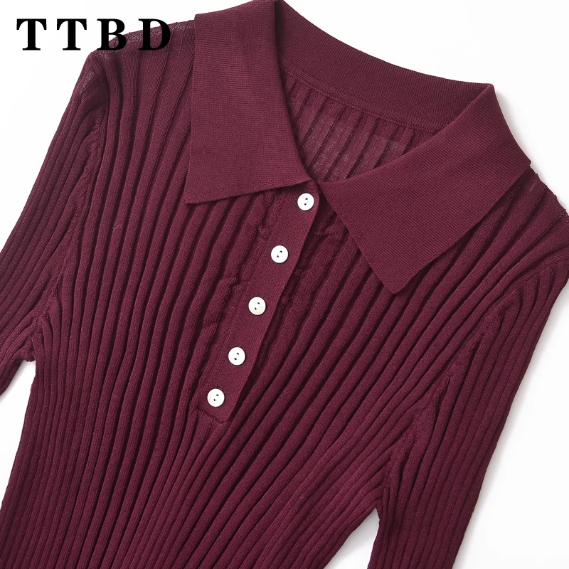 TTBD 2024 Nieuwe Vrouw Herfst Casual Gebreide Turn-down Kraag Trui Vrouwelijke Vintage Lange Mouw Jumper Slanke Effen kleur Gebreide Top