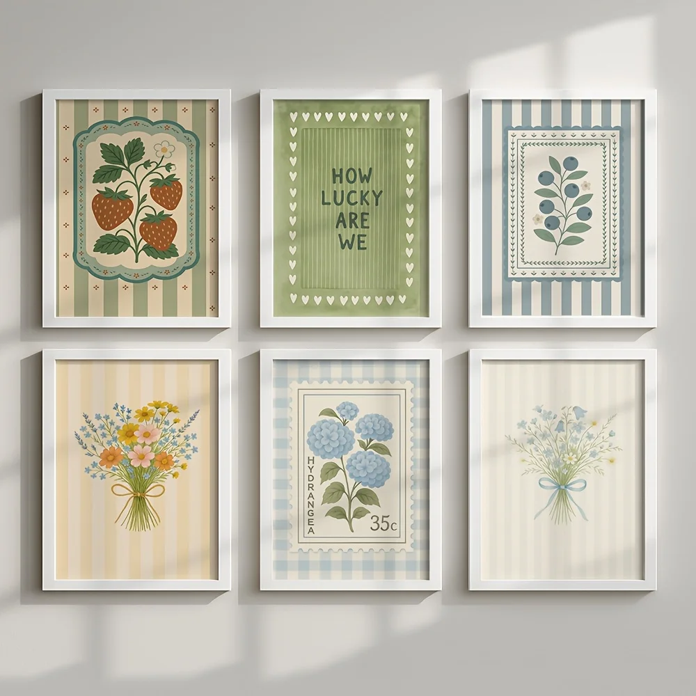 6Pcs Vintage Botanical Canvas Decor Painting, Strawberry Hydrangea Flower Wall Art for Living Room Bedroom Home Decor